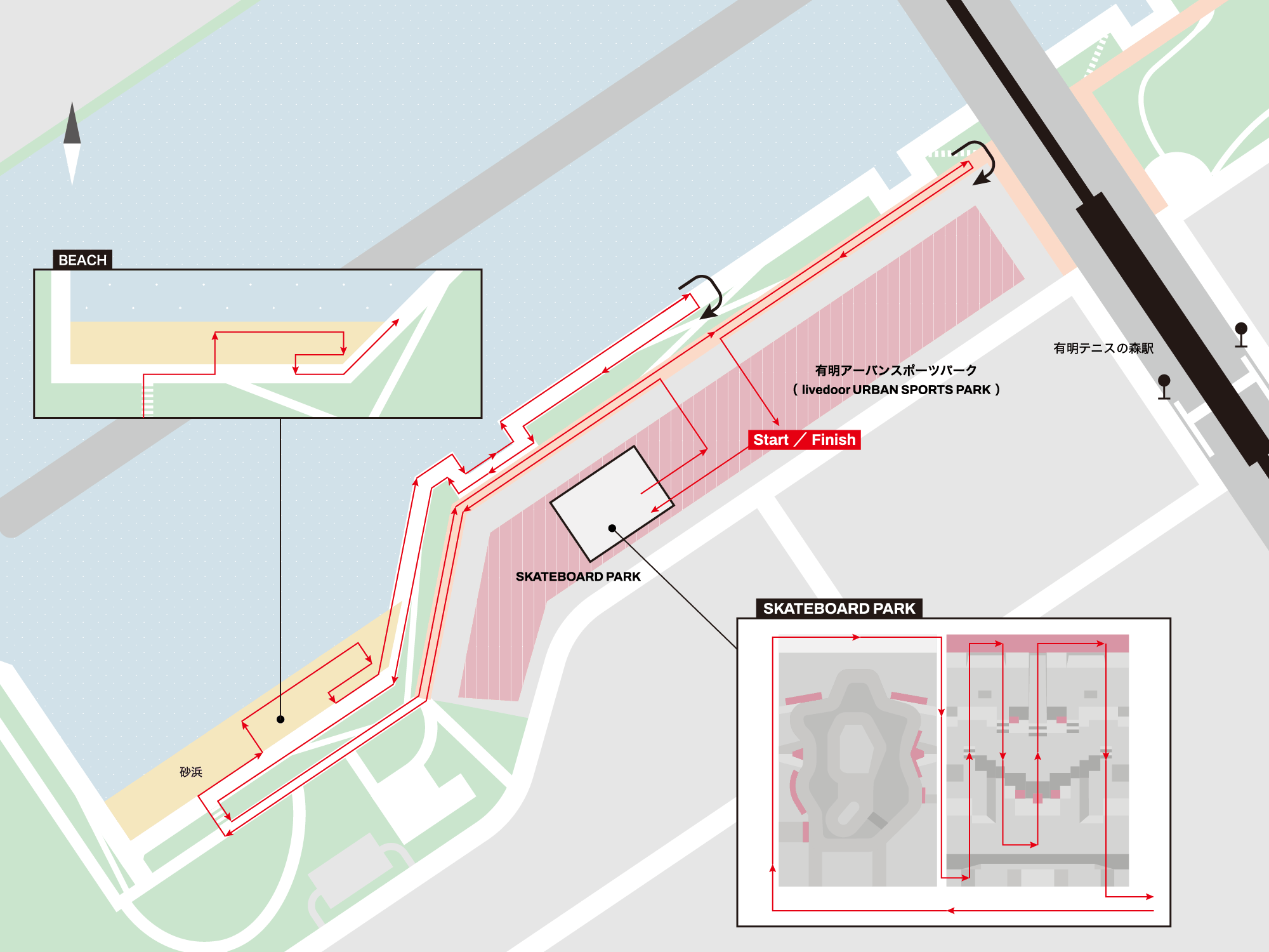 Gravel Relay Run コース2 コース図（URBAN SPORTS PARKコース：スケートパーク内＋砂浜 約2.5km）
